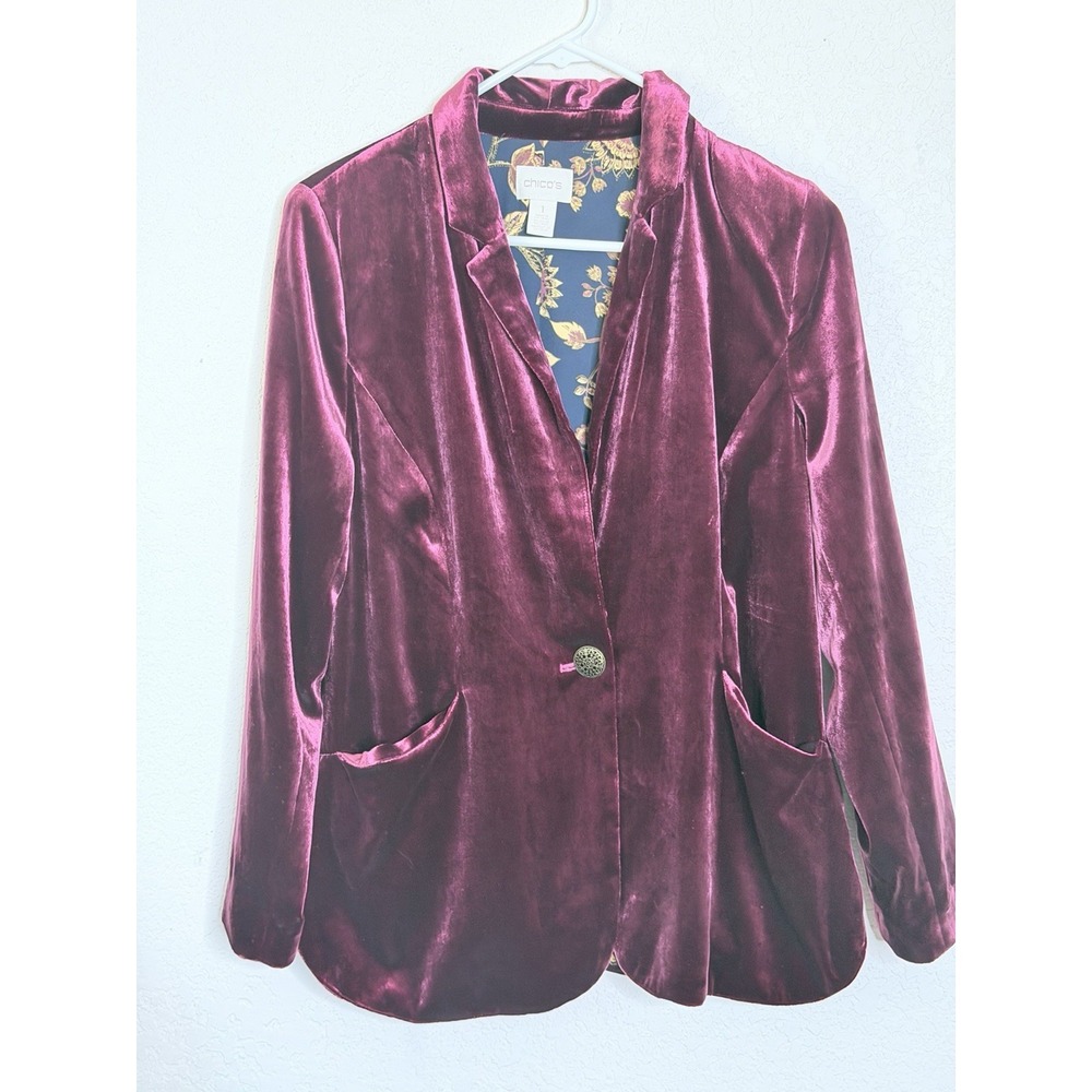 Chico's 1 Velvet Blazer Women's Size M Burgundy Floral Lined One Button Jacket